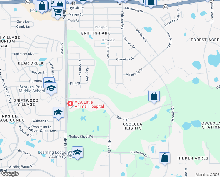 map of restaurants, bars, coffee shops, grocery stores, and more near 9334 Flint Street in New Port Richey
