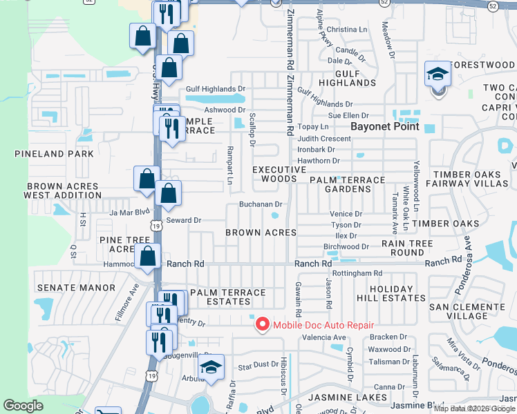 map of restaurants, bars, coffee shops, grocery stores, and more near 11204 Harding Drive in Port Richey