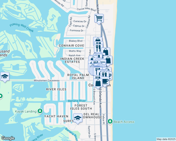 map of restaurants, bars, coffee shops, grocery stores, and more near 434 North 1st Street in Cocoa Beach