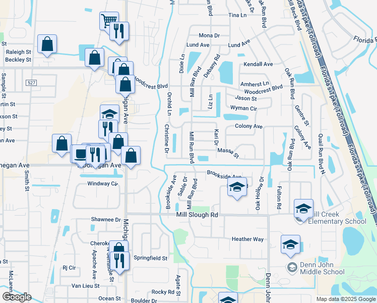 map of restaurants, bars, coffee shops, grocery stores, and more near 2519 Mill Run Boulevard in Kissimmee