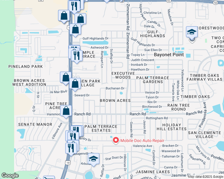 map of restaurants, bars, coffee shops, grocery stores, and more near 11204 Harding Drive in Port Richey