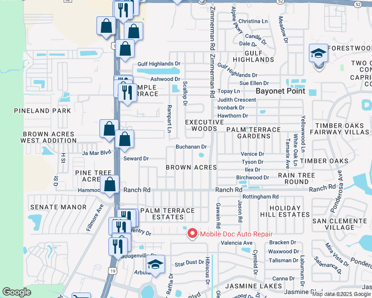 map of restaurants, bars, coffee shops, grocery stores, and more near 11204 Harding Drive in Port Richey