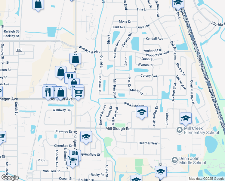 map of restaurants, bars, coffee shops, grocery stores, and more near 2519 Mill Run Boulevard in Kissimmee