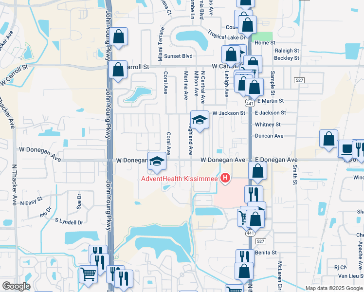 map of restaurants, bars, coffee shops, grocery stores, and more near 2509 North Beaumont Avenue in Kissimmee