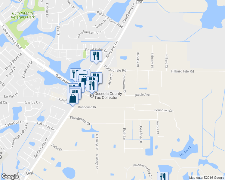 map of restaurants, bars, coffee shops, grocery stores, and more near 2505 Ascot Court in Kissimmee