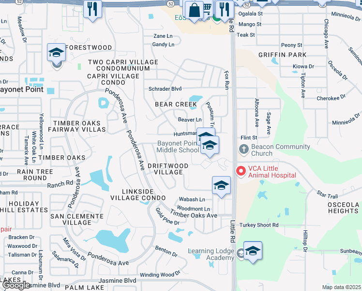 map of restaurants, bars, coffee shops, grocery stores, and more near 8720 Woodcrest Drive in Port Richey