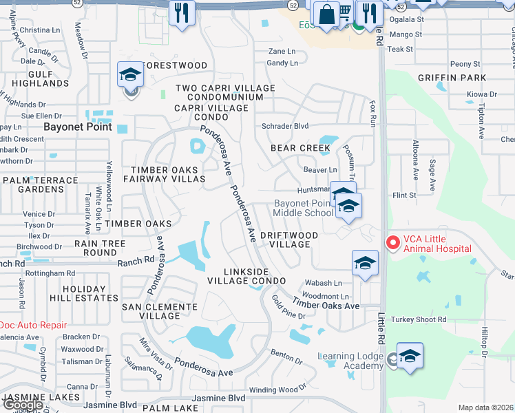 map of restaurants, bars, coffee shops, grocery stores, and more near 11204 Water Oak Dr in Port Richey