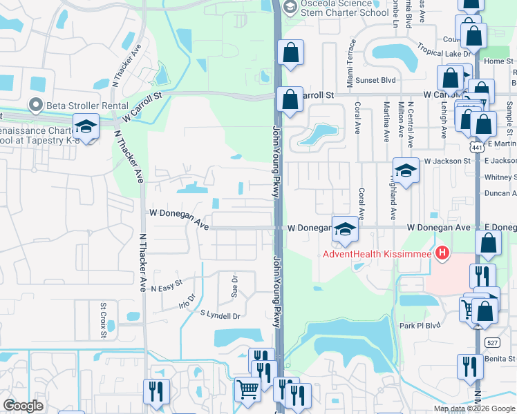 map of restaurants, bars, coffee shops, grocery stores, and more near 1246 Sago Palm Boulevard in Kissimmee