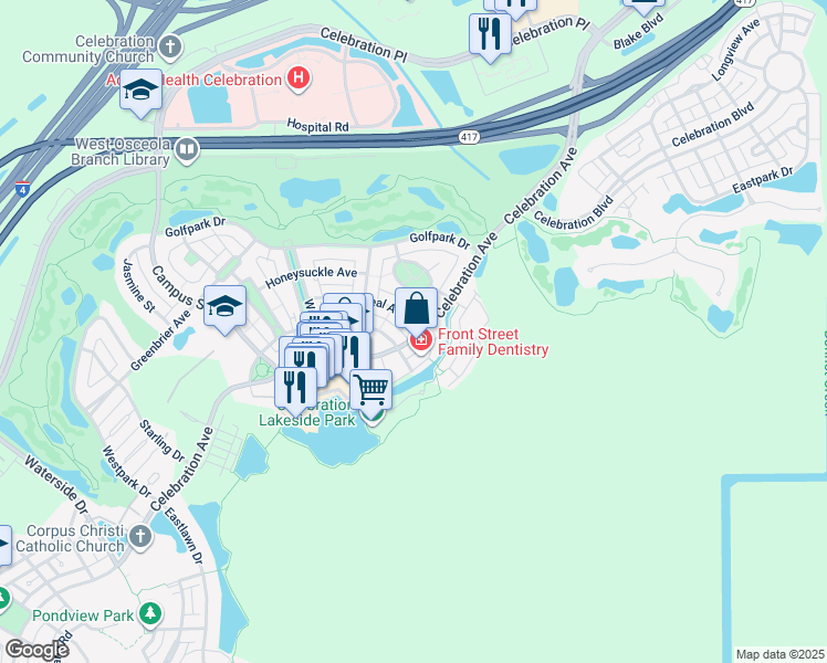 map of restaurants, bars, coffee shops, grocery stores, and more near 2 Celebration Avenue in Celebration