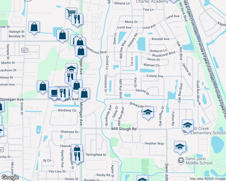 map of restaurants, bars, coffee shops, grocery stores, and more near 2518 Bowmer Drive in Kissimmee