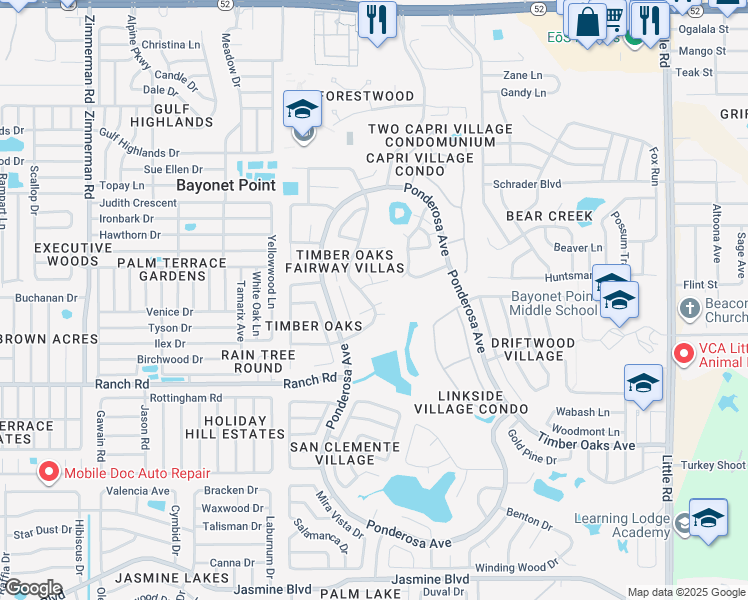 map of restaurants, bars, coffee shops, grocery stores, and more near 11210 Carriage Hill Drive in Port Richey