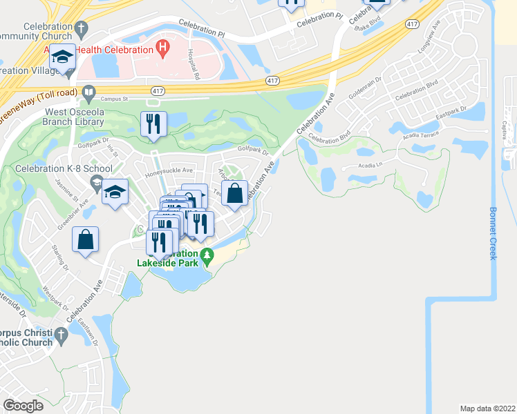map of restaurants, bars, coffee shops, grocery stores, and more near 506 Mirasol Circle in Celebration