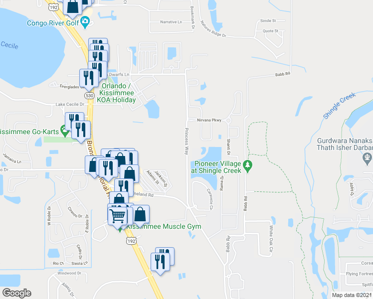map of restaurants, bars, coffee shops, grocery stores, and more near 2542 Princess Way in Kissimmee