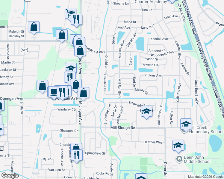 map of restaurants, bars, coffee shops, grocery stores, and more near 2518 Bowmer Drive in Kissimmee