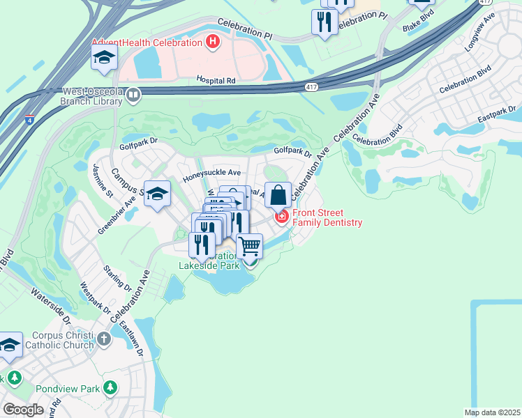 map of restaurants, bars, coffee shops, grocery stores, and more near 631 Mulberry Avenue in Kissimmee