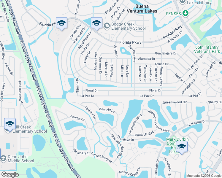 map of restaurants, bars, coffee shops, grocery stores, and more near 624 Floral Drive in Kissimmee