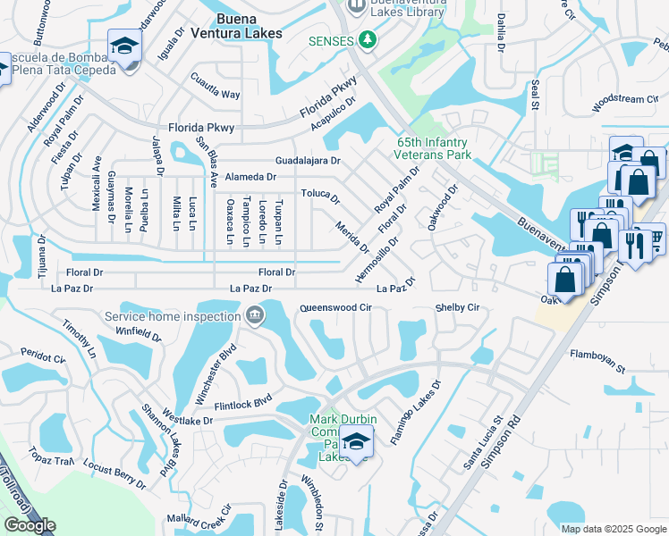 map of restaurants, bars, coffee shops, grocery stores, and more near 522 Floral Drive in Kissimmee
