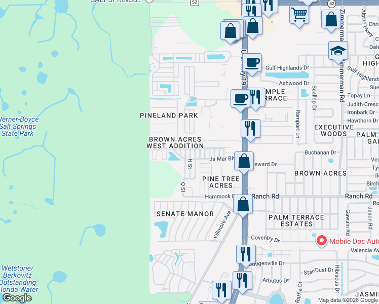 map of restaurants, bars, coffee shops, grocery stores, and more near 11209 H Street in Port Richey