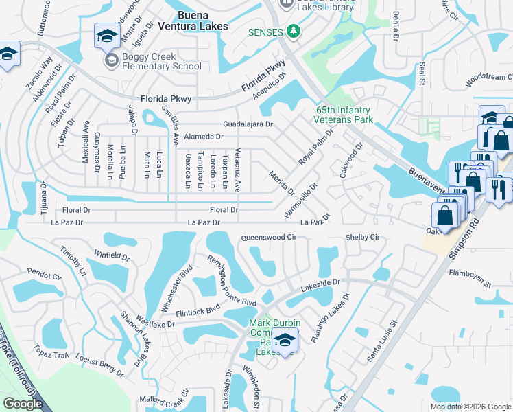 map of restaurants, bars, coffee shops, grocery stores, and more near 528 Floral Drive in Kissimmee