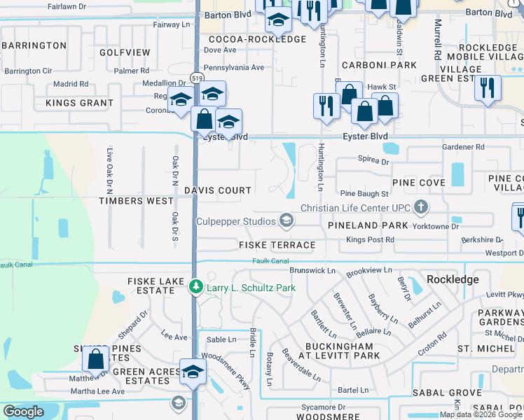 map of restaurants, bars, coffee shops, grocery stores, and more near 974 Pineland Drive in Rockledge