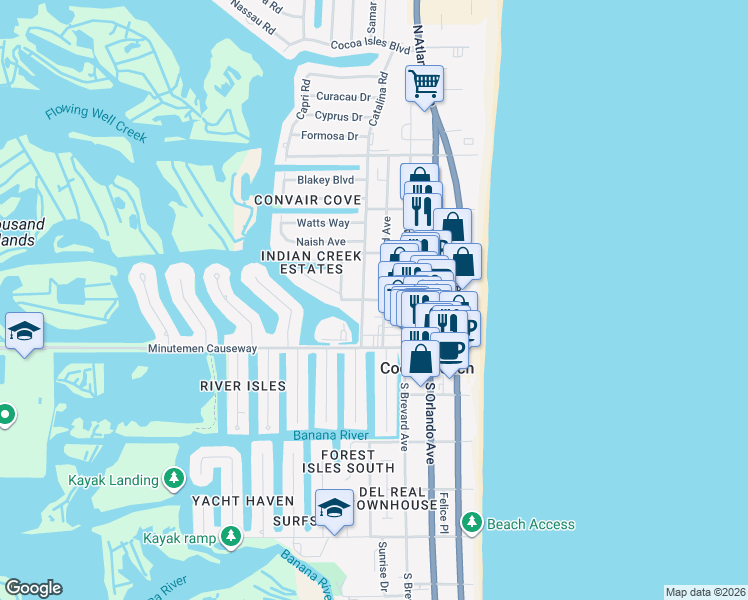 map of restaurants, bars, coffee shops, grocery stores, and more near 434 North 1st Street in Cocoa Beach