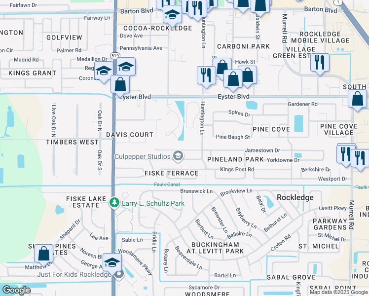map of restaurants, bars, coffee shops, grocery stores, and more near 948 Pineland Drive in Rockledge