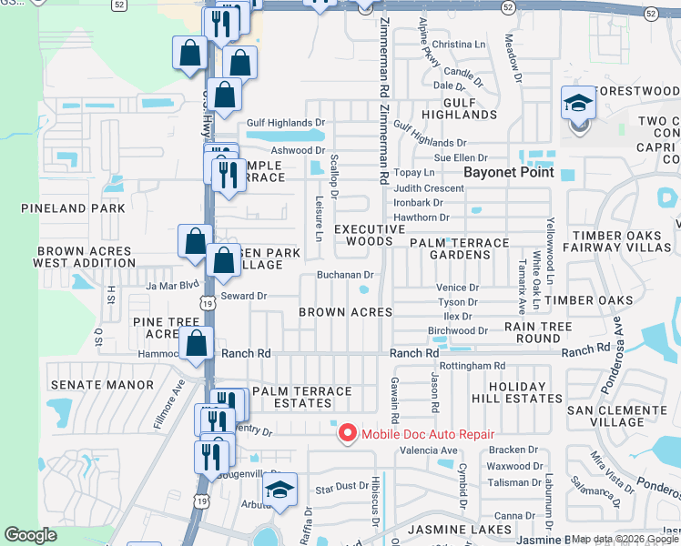 map of restaurants, bars, coffee shops, grocery stores, and more near 11204 Harding Drive in Port Richey
