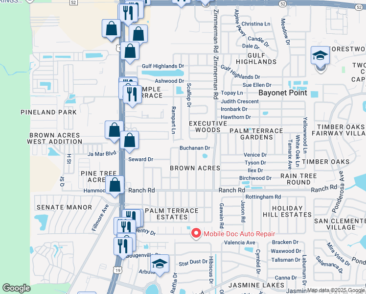 map of restaurants, bars, coffee shops, grocery stores, and more near 11204 Harding Drive in Port Richey