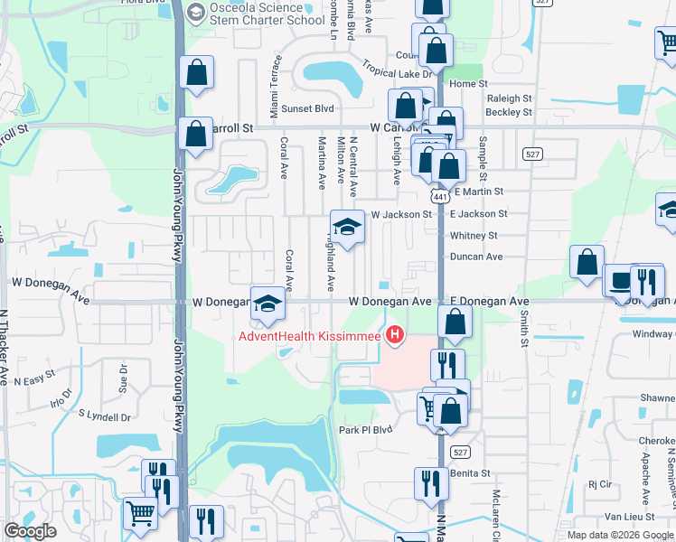 map of restaurants, bars, coffee shops, grocery stores, and more near 425 North Central Avenue in Kissimmee