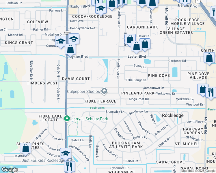 map of restaurants, bars, coffee shops, grocery stores, and more near 948 Pineland Drive in Rockledge