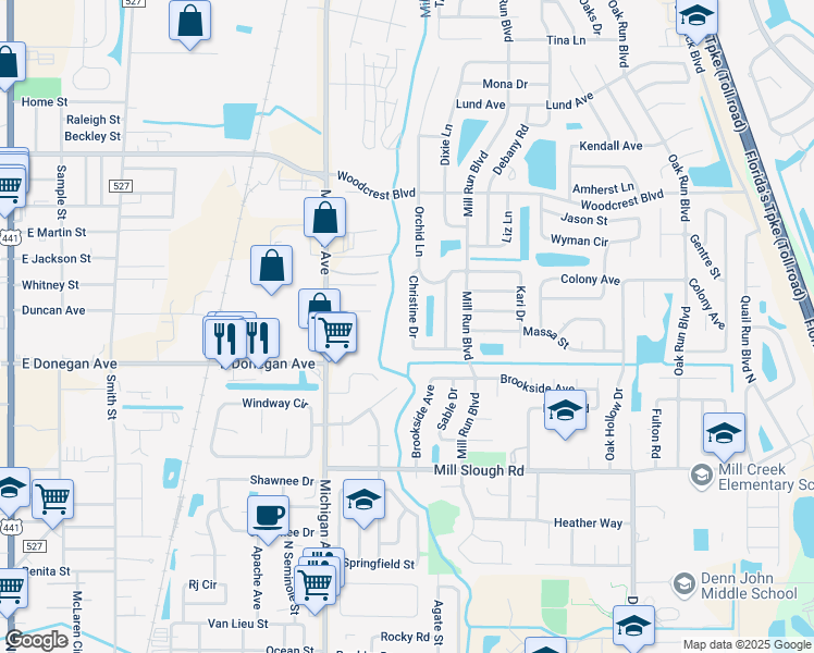 map of restaurants, bars, coffee shops, grocery stores, and more near 2514 Christine Drive in Kissimmee