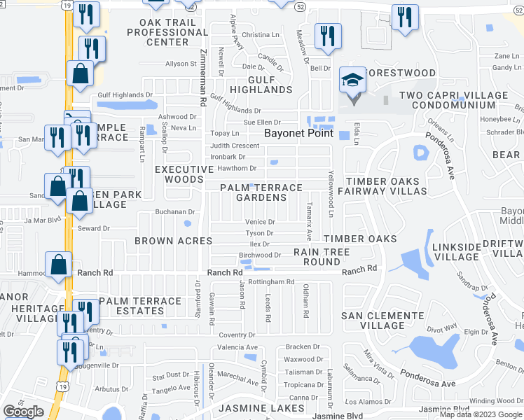 map of restaurants, bars, coffee shops, grocery stores, and more near 11215 Glover Road in Port Richey