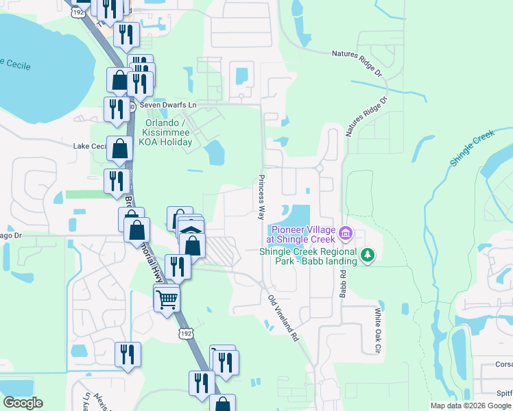 map of restaurants, bars, coffee shops, grocery stores, and more near 2490-2540 Princess Way in Kissimmee