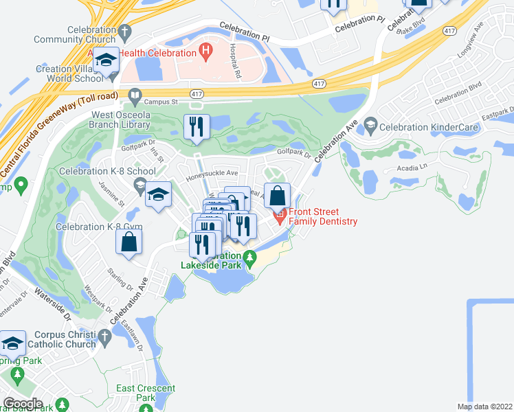 map of restaurants, bars, coffee shops, grocery stores, and more near 631 Mulberry Avenue in Kissimmee