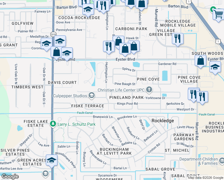 map of restaurants, bars, coffee shops, grocery stores, and more near 944 Jamestown Drive in Rockledge