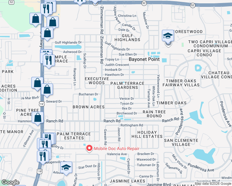 map of restaurants, bars, coffee shops, grocery stores, and more near 11204 Linden Lane in Port Richey