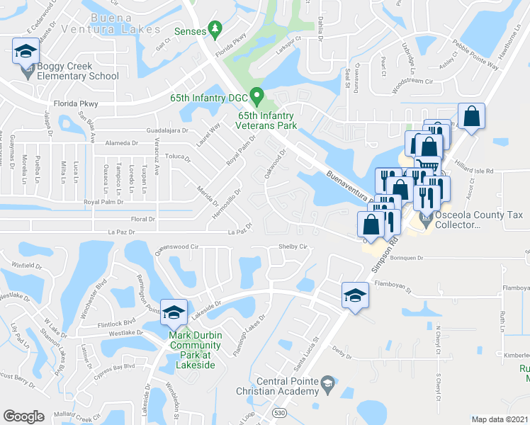map of restaurants, bars, coffee shops, grocery stores, and more near 16 Silver Park Circle in Kissimmee