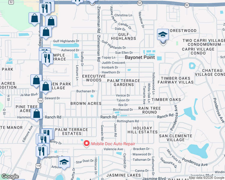 map of restaurants, bars, coffee shops, grocery stores, and more near 11204 Linden Lane in Port Richey