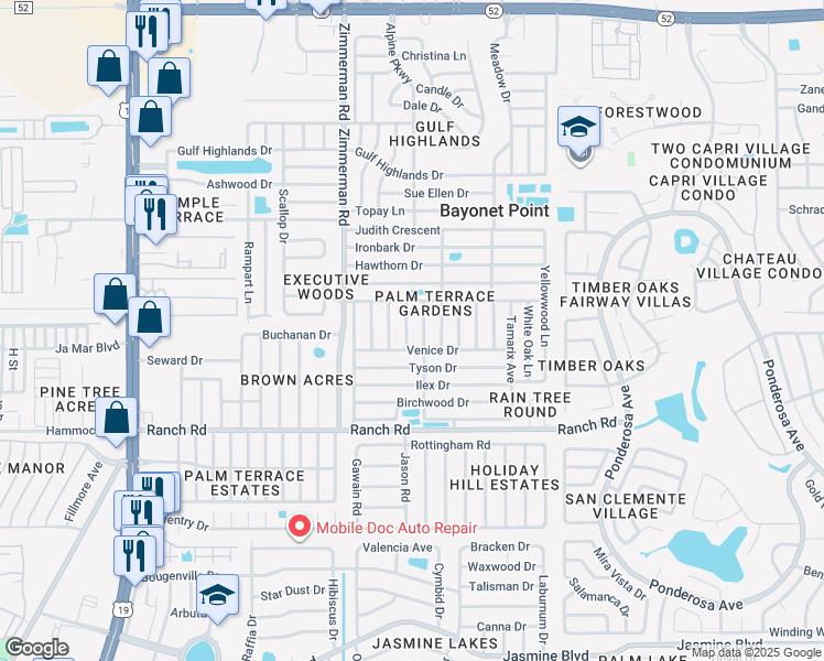 map of restaurants, bars, coffee shops, grocery stores, and more near 11214 Snyder Avenue in Port Richey