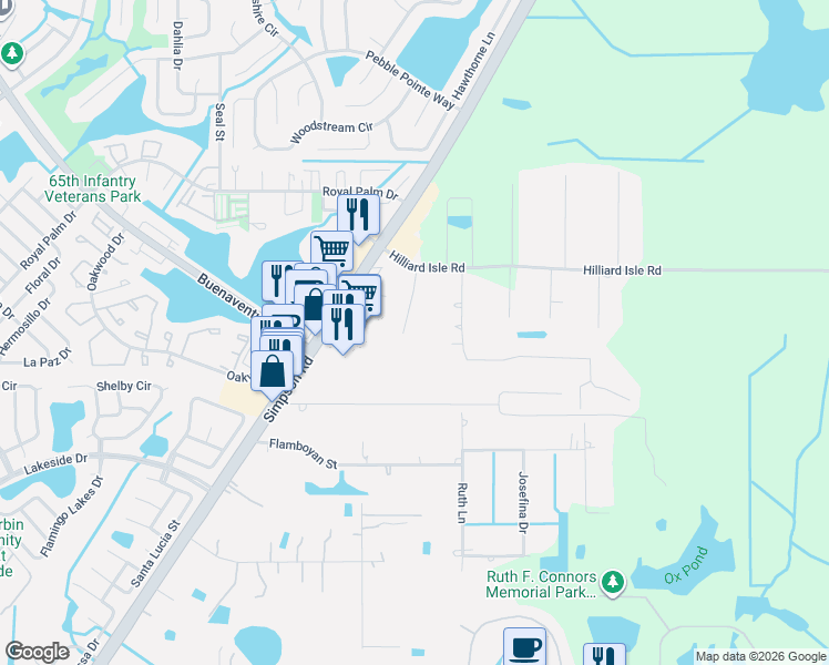 map of restaurants, bars, coffee shops, grocery stores, and more near 2505 Ascot Court in Kissimmee