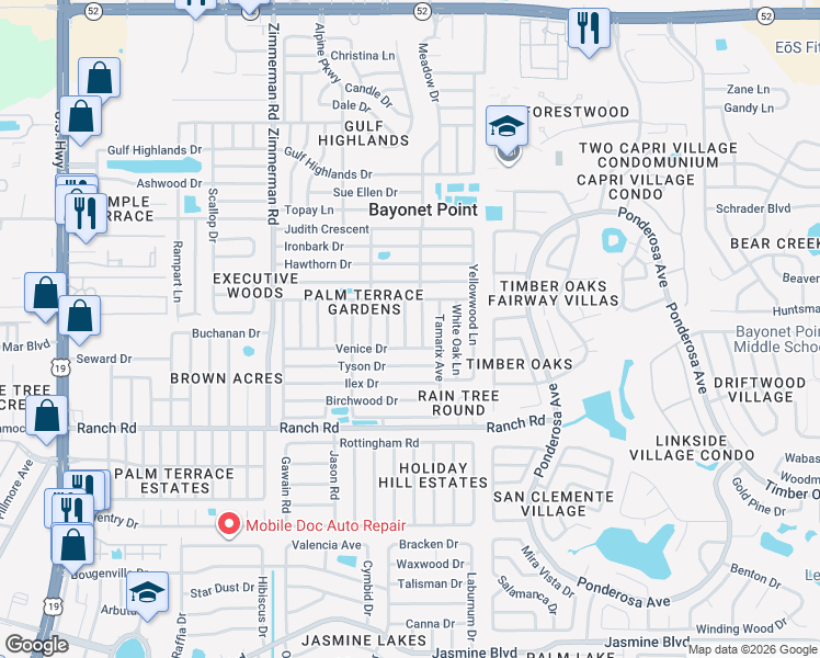map of restaurants, bars, coffee shops, grocery stores, and more near 11205 Rhonda Avenue in Port Richey