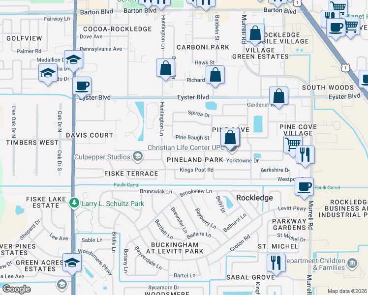 map of restaurants, bars, coffee shops, grocery stores, and more near 933 Jamestown Drive in Rockledge