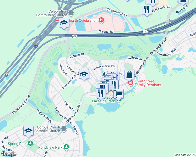 map of restaurants, bars, coffee shops, grocery stores, and more near 520 Longmeadow Street in Kissimmee