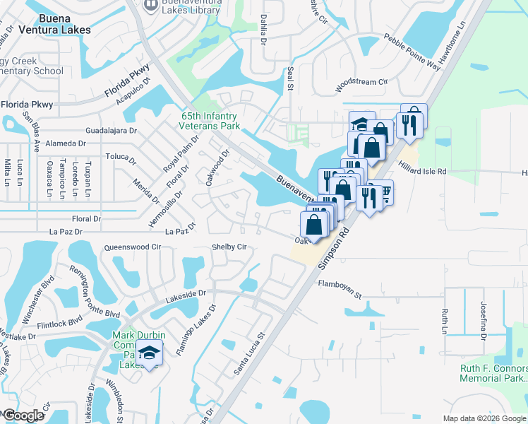 map of restaurants, bars, coffee shops, grocery stores, and more near 47 Las Brisas Court in Kissimmee