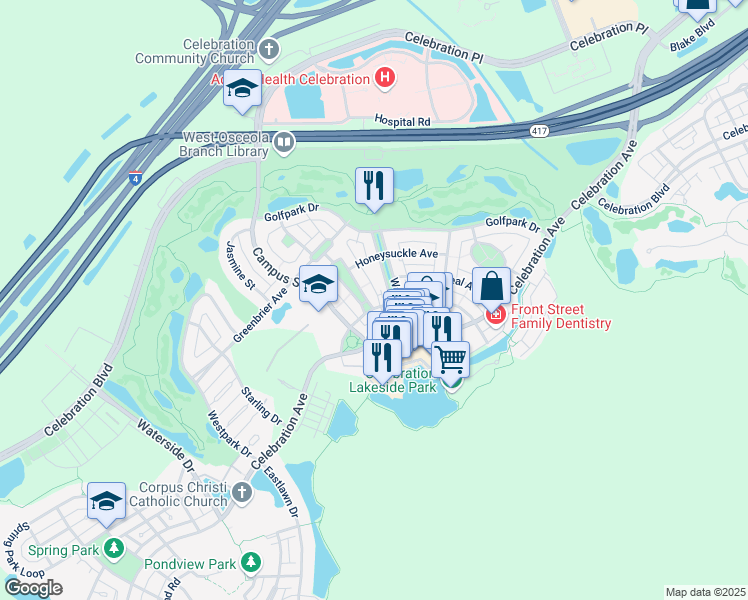 map of restaurants, bars, coffee shops, grocery stores, and more near 512 Water Street in Kissimmee