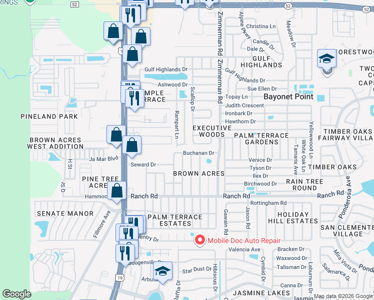 map of restaurants, bars, coffee shops, grocery stores, and more near 11204 Harding Drive in Port Richey