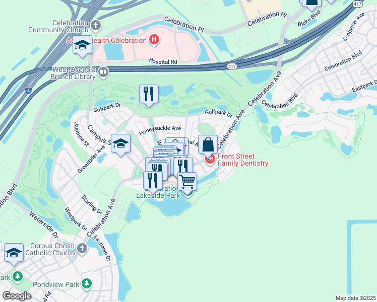 map of restaurants, bars, coffee shops, grocery stores, and more near 641 Mulberry Avenue in Kissimmee