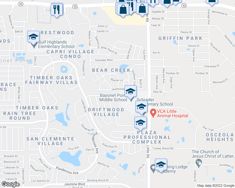 map of restaurants, bars, coffee shops, grocery stores, and more near 8720 Woodcrest Drive in Port Richey