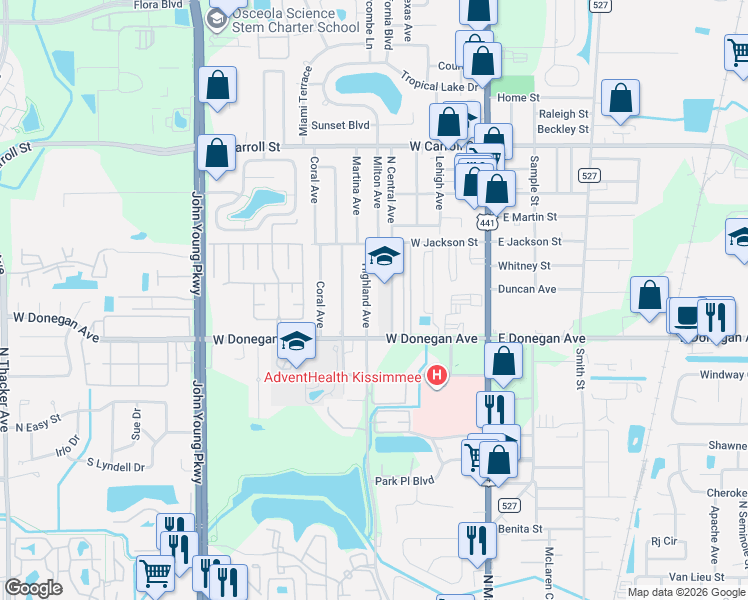map of restaurants, bars, coffee shops, grocery stores, and more near 425 North Central Avenue in Kissimmee
