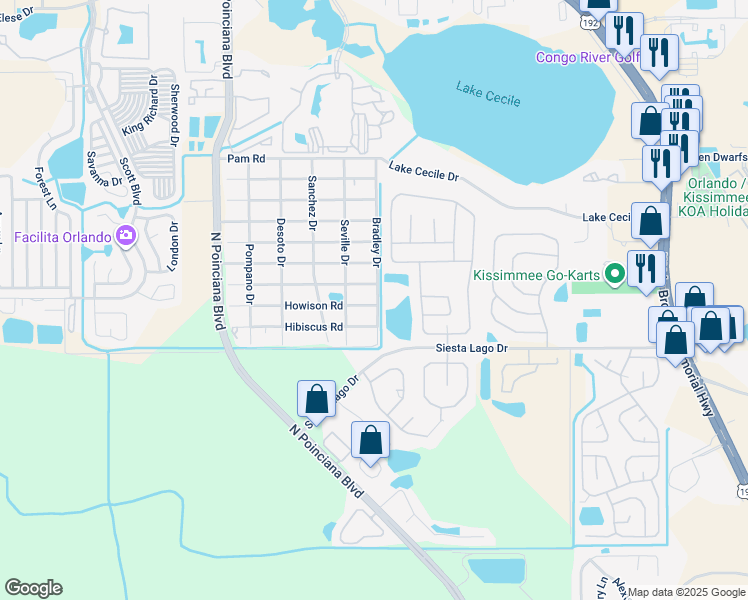 map of restaurants, bars, coffee shops, grocery stores, and more near 2530 Bradley Drive in Kissimmee